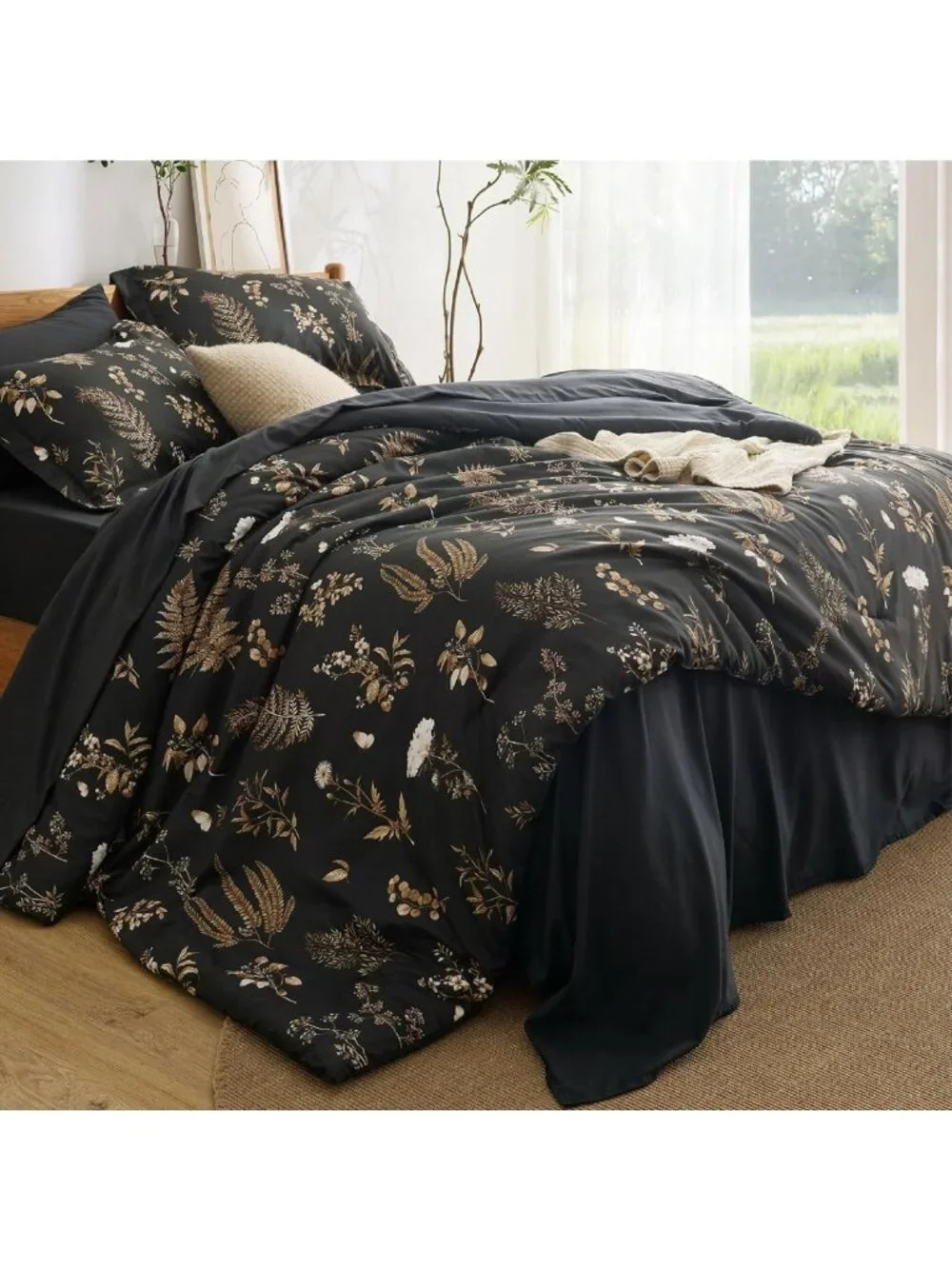 Floral Black Comforter Set - 7 Piece Full Bedding Set for Cozy Bedroom Decor